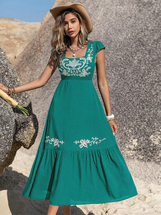 Embroidered Square Neck Cap Sleeve Dress Carauana Store