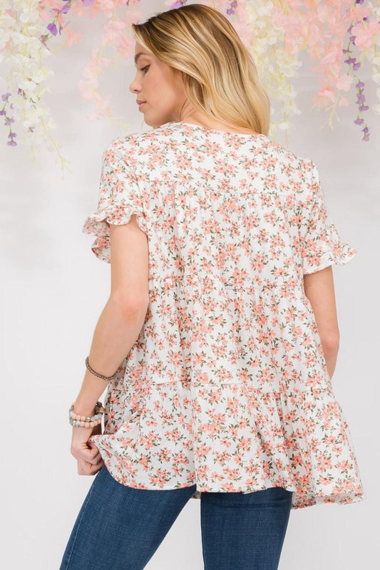 Celeste Full Size Floral Ruffled Short Sleeve Blouse Carauana Store