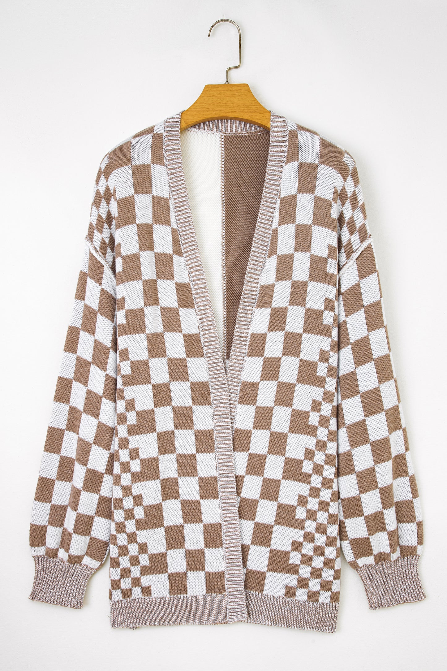 Brown Checkered Bubble Sleeve Drop Shoulder Open Cardigan