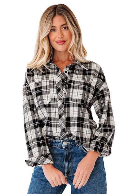 Black Plaid Print Chest Pockets Buttoned Shirt