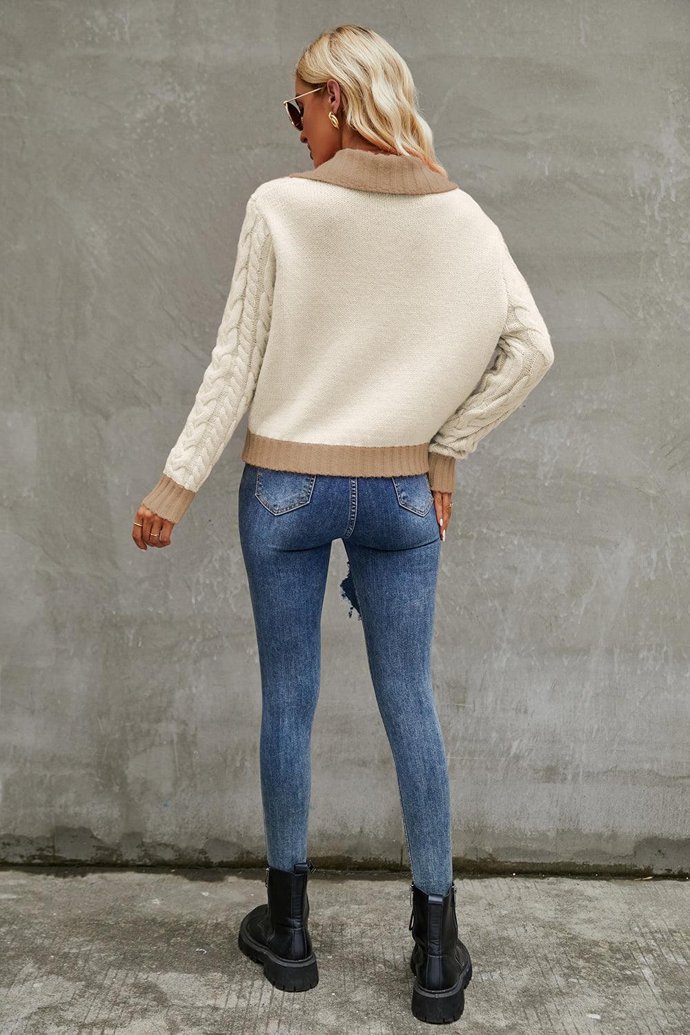 Contrast Collared Neck Cable-Knit Cardigan Carauana Store