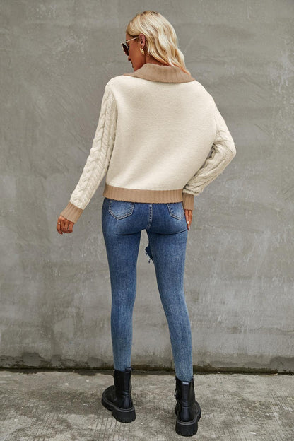 Contrast Collared Neck Cable-Knit Cardigan Carauana Store