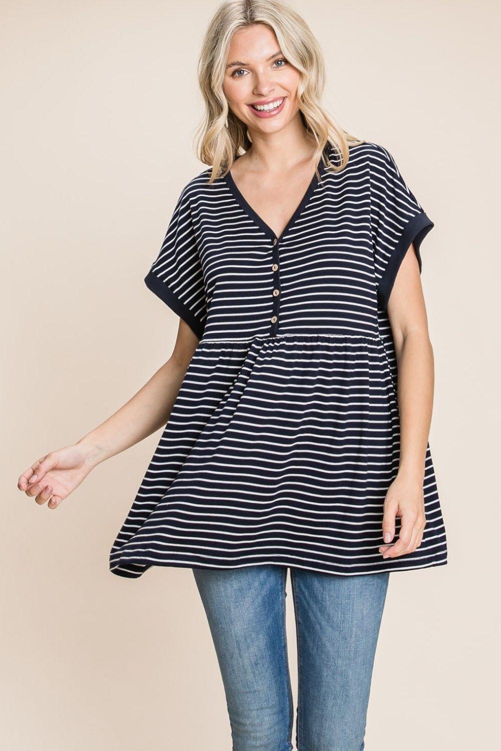 Cotton Bleu by Nu Label Striped Button Front Baby Doll Top Carauana Store
