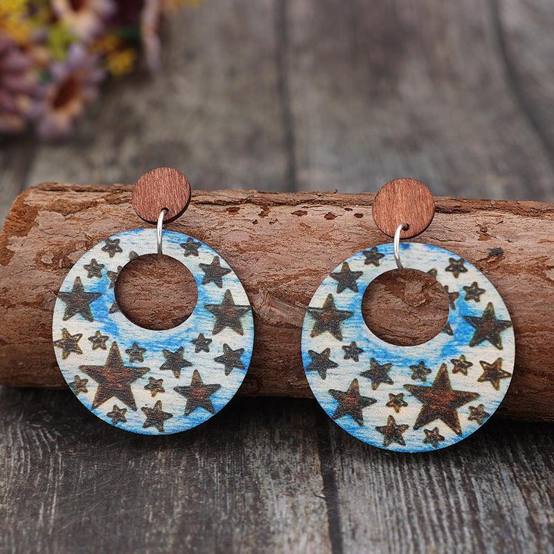 Cutout Star Print Wooden Dangle Earrings CaRaUaNa Fashion