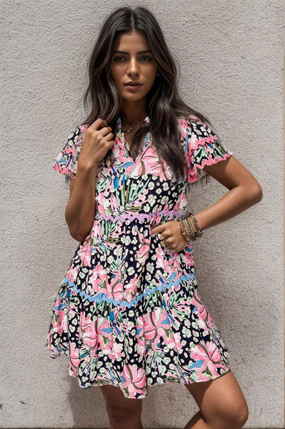 Printed Ruffle Hem Short Sleeve Mini Dress Carauana Store