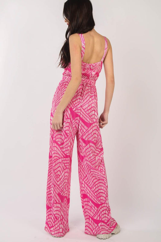 VERY J Printed Pleated Sleeveless Wide Leg Jumpsuit Carauana Store