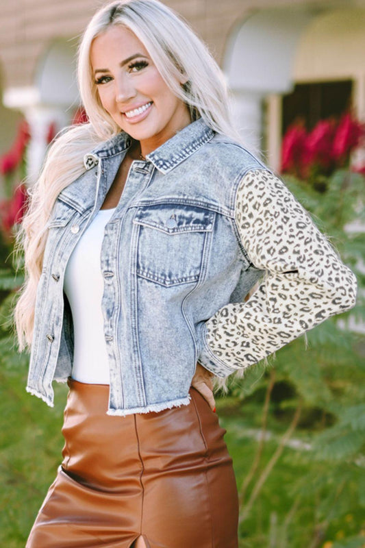 Leopard Button Up Raw Hem Denim Jacket Carauana Store