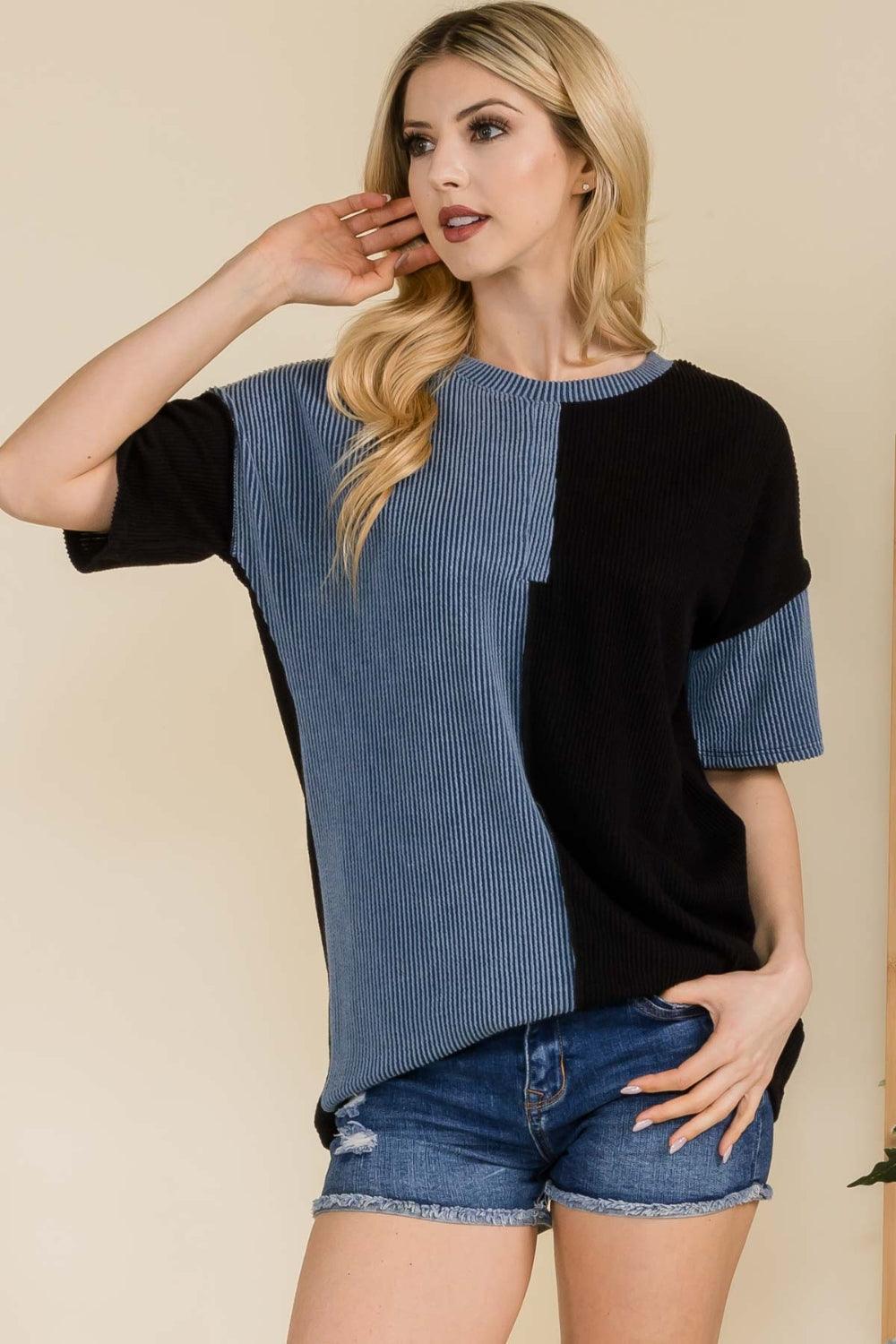 Celeste Full Size Ribbed Color Block Short Sleeve T-Shirt Carauana Store