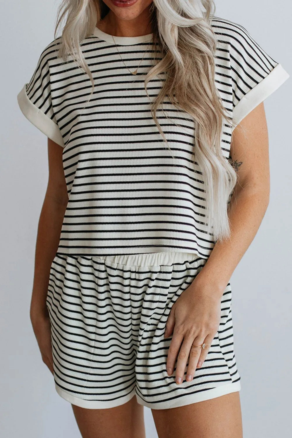 Striped Contrast Top and Shorts Set CaRaUaNa Fashion