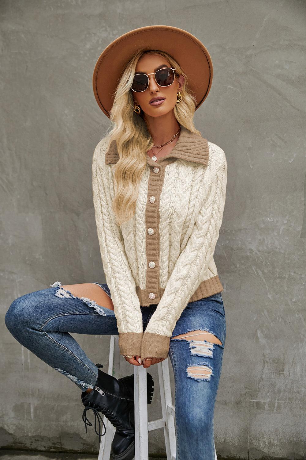 Contrast Collared Neck Cable-Knit Cardigan Carauana Store