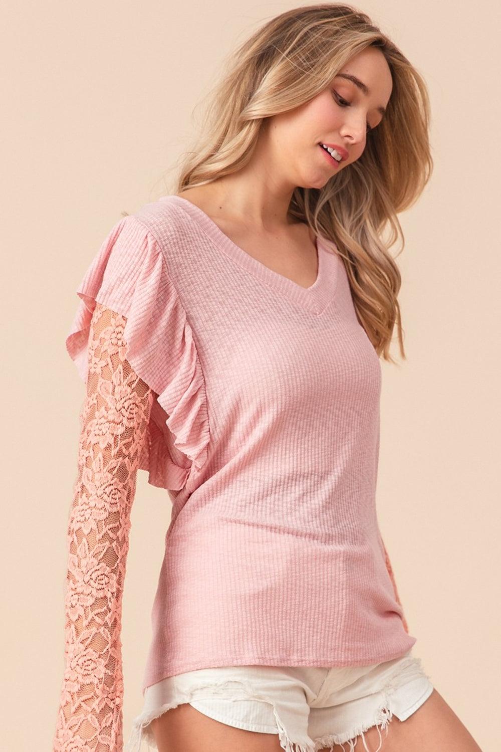 BiBi Ruffled Lace Sleeve Rib Knit Top Carauana Store