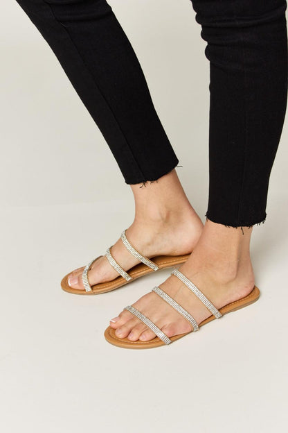 WILD DIVA Rhinestone Three-Strap Flat Sandals Carauana Store