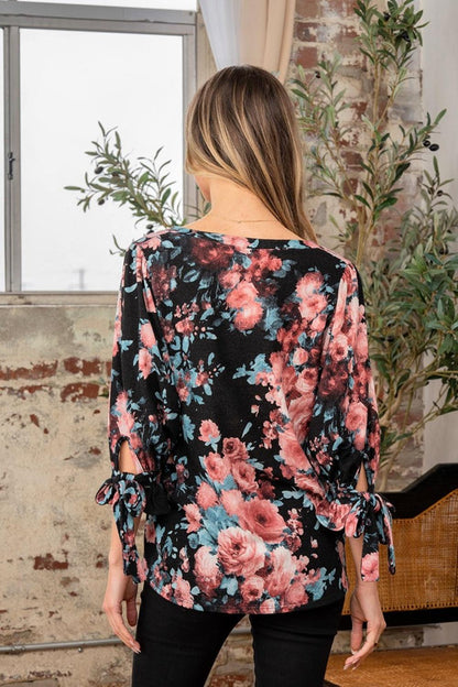 Sew In Love Full Size Floral V-Neck Top with Sleeve Knot Carauana Store