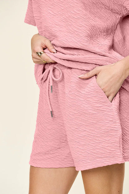 Double Take Full Size Texture Short Sleeve T-Shirt and Drawstring Shorts Set CaRaUaNa Fashion