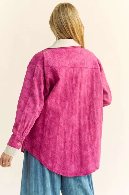 Davi & Dani Curved Hem Diamond Quilted Button Up Denim Shacket Carauana Store