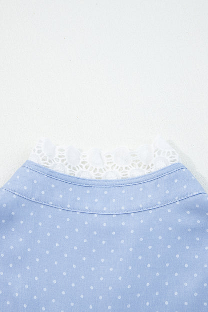 Beau Blue Lace Trim Patchwork Dotted Print Collared Denim Blouse