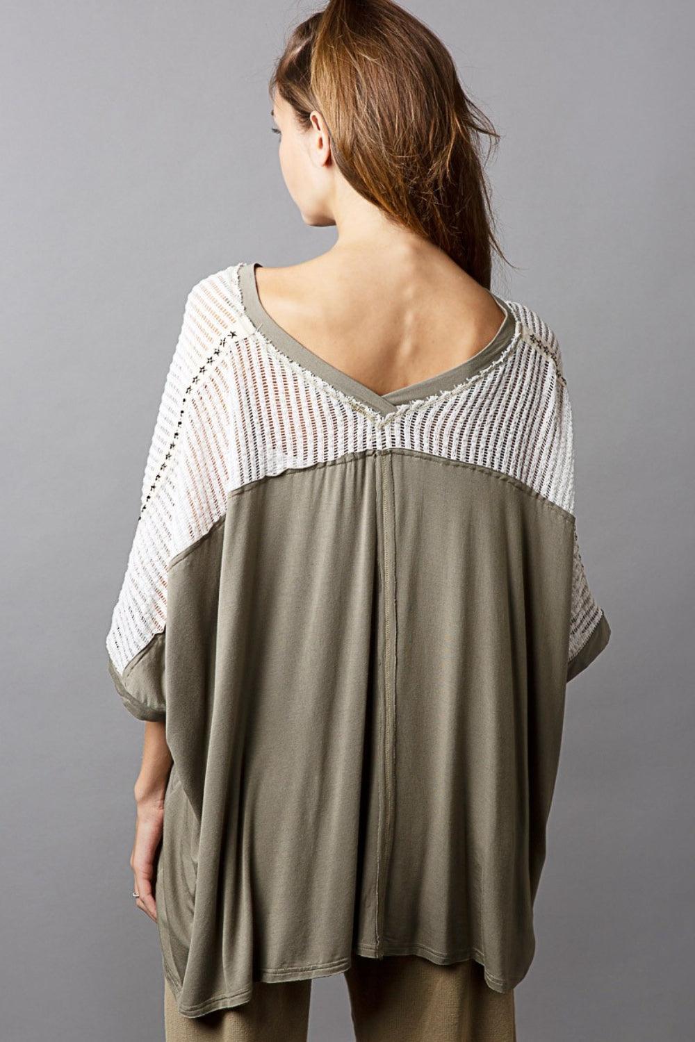 POL Oversize V-Neck Crochet Lace Contrast Studded Top Carauana Store