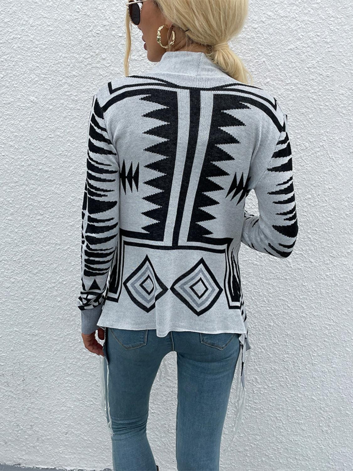 Shiny Geometric Fringe Hem Open Front Cardigan Carauana Store