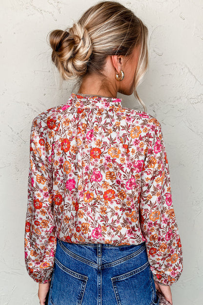 Pink Floral Print Tie Split Neck Bracelet Sleeve Blouse