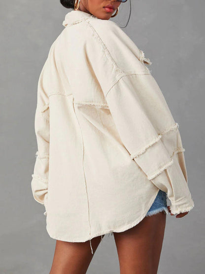 Button Down Raw Hem Denim Jacket Carauana Store