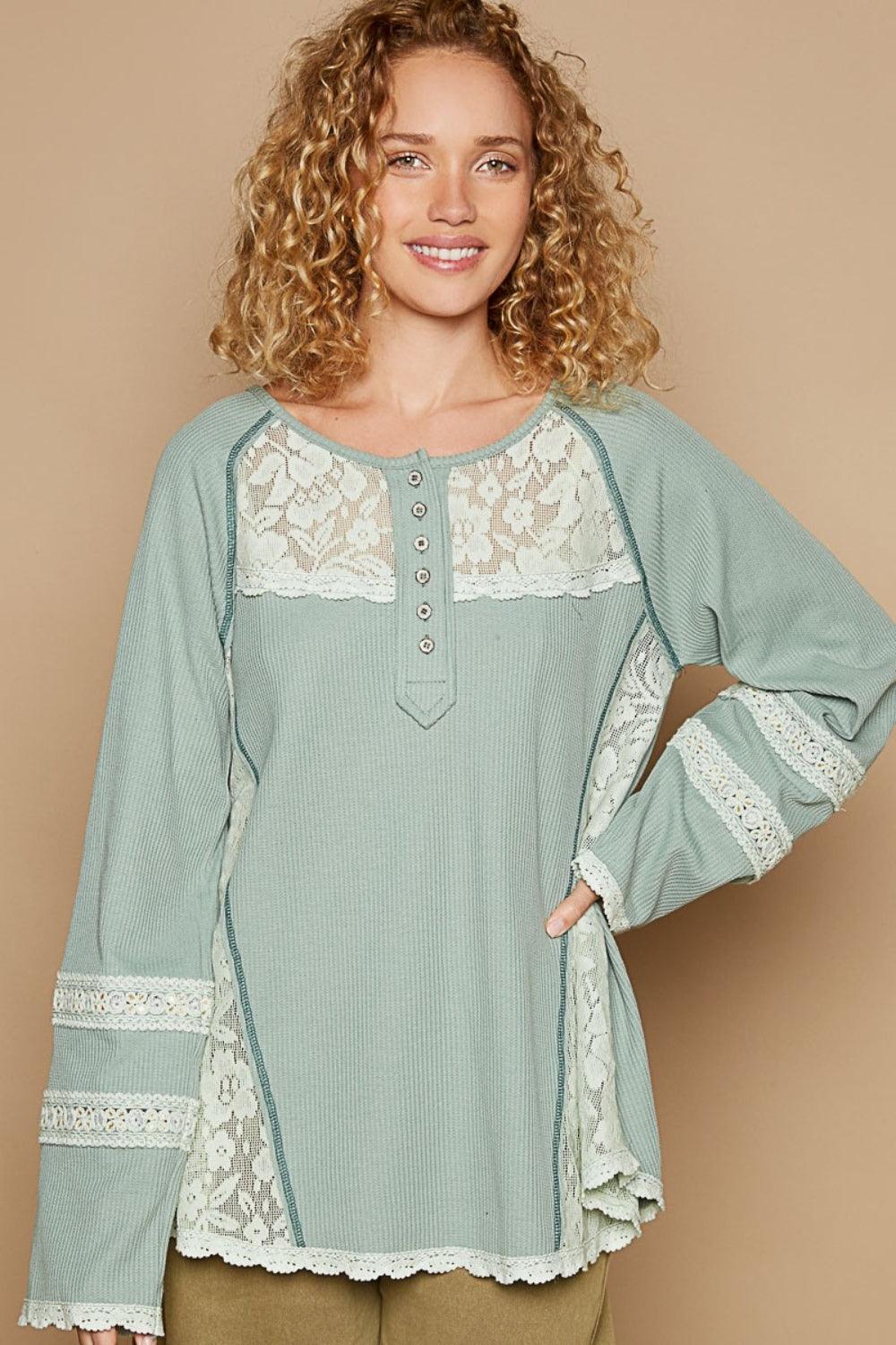 POL Round Neck Long Sleeve Lace Trim Thermal Top Carauana Store