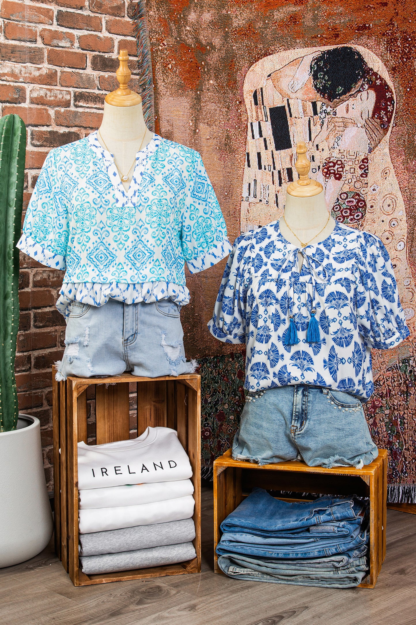 Sky Blue Geometric Print Tassel Drawstring V Neck Blouse