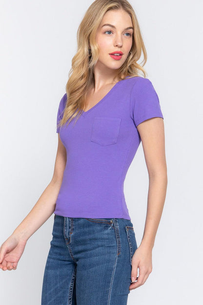 ACTIVE BASIC V-Neck Ribbed Short Sleeve Knit T-Shirt Carauana Store