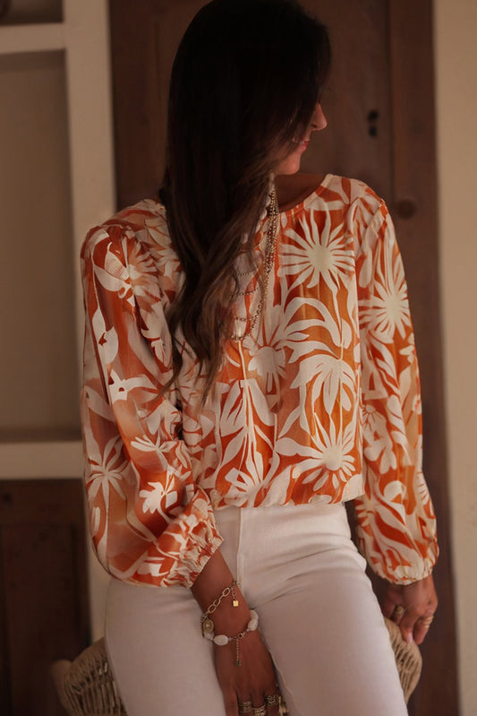 Orange Floral Print Knotted Open Back Long Sleeve Blouse
