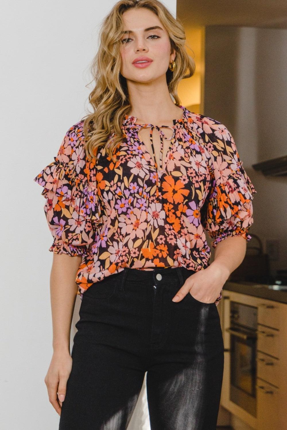 ODDI Full Size Floral Tie Neck Ruffled Blouse Carauana Store