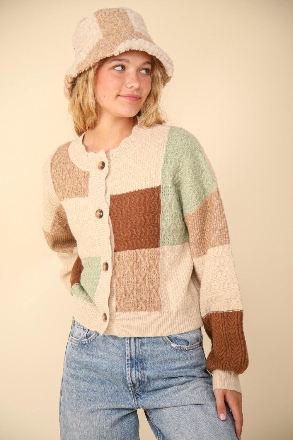 VERY J Color Block Button Down Textured Sweater Cardigan Carauana Store