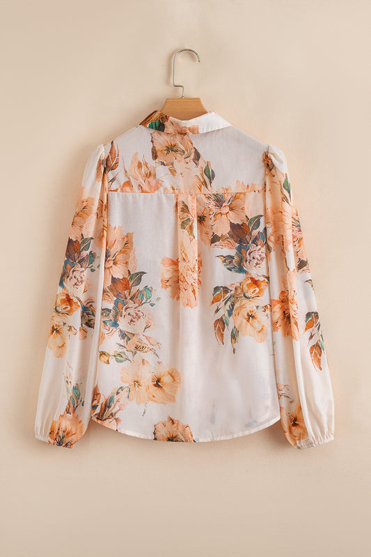 Orange Floral Puff Sleeve Lightweight Shirt