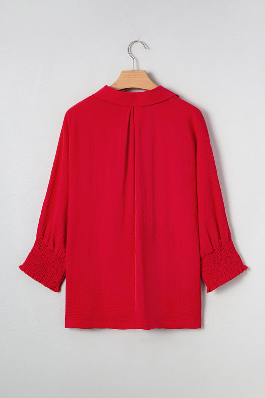 Fiery Red V Neck Collared Shirred 3/4 Sleeve Oversized Tunic Top