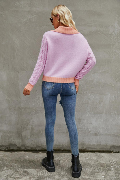 Contrast Collared Neck Cable-Knit Cardigan Carauana Store